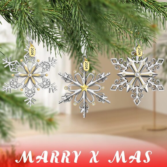 🆕 Christmas Tree Ornaments Set 3 Pieces Metallic Snowflake Hanging Home Decor - Picture 4 of 7